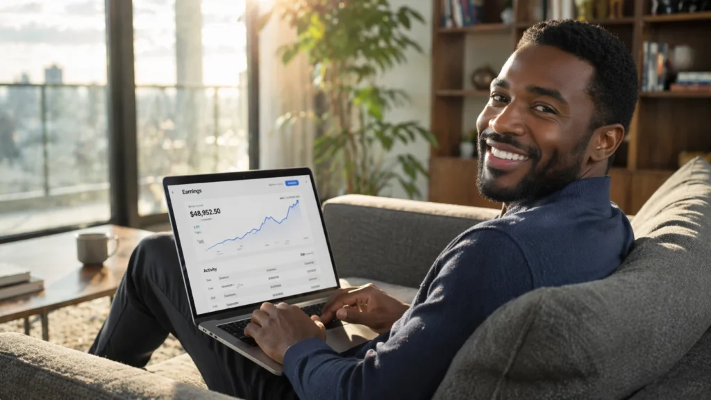 Black male entrepreneur reviewing an upward-trending earnings dashboard on a laptop from his modern apartment sofa
