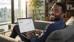 Black male entrepreneur reviewing an upward-trending earnings dashboard on a laptop from his modern apartment sofa
