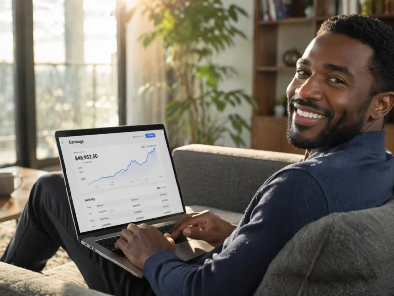 Black male entrepreneur reviewing an upward-trending earnings dashboard on a laptop from his modern apartment sofa