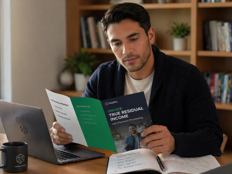 Hispanic male agent reviewing a payment processing product brochure beside a PAX terminal on his desk