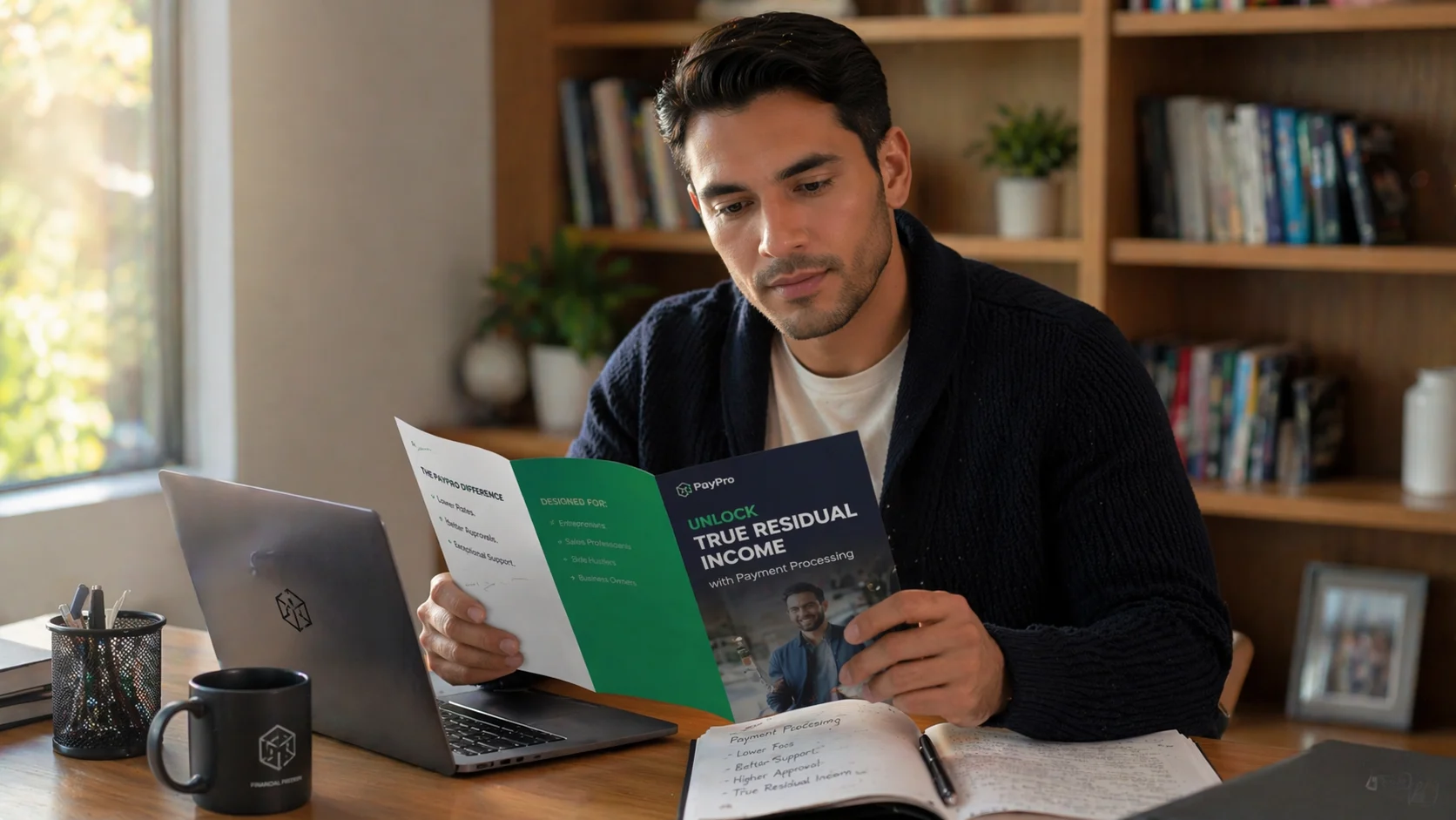 Hispanic male agent reviewing a payment processing product brochure beside a PAX terminal on his desk