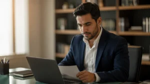 South Asian male sales professional reviewing a partner agreement on a laptop at a modern desk
