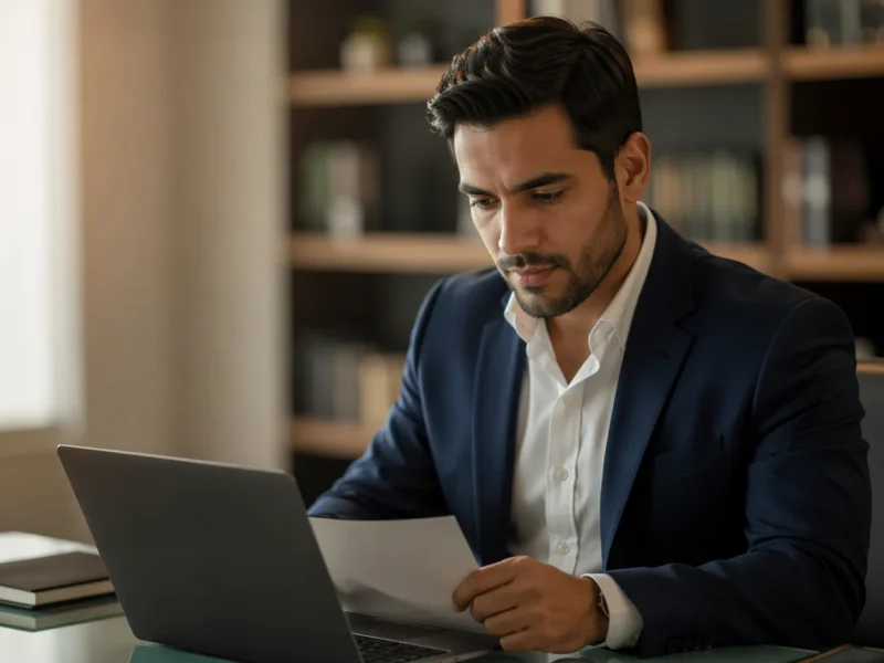South Asian male sales professional reviewing a partner agreement on a laptop at a modern desk