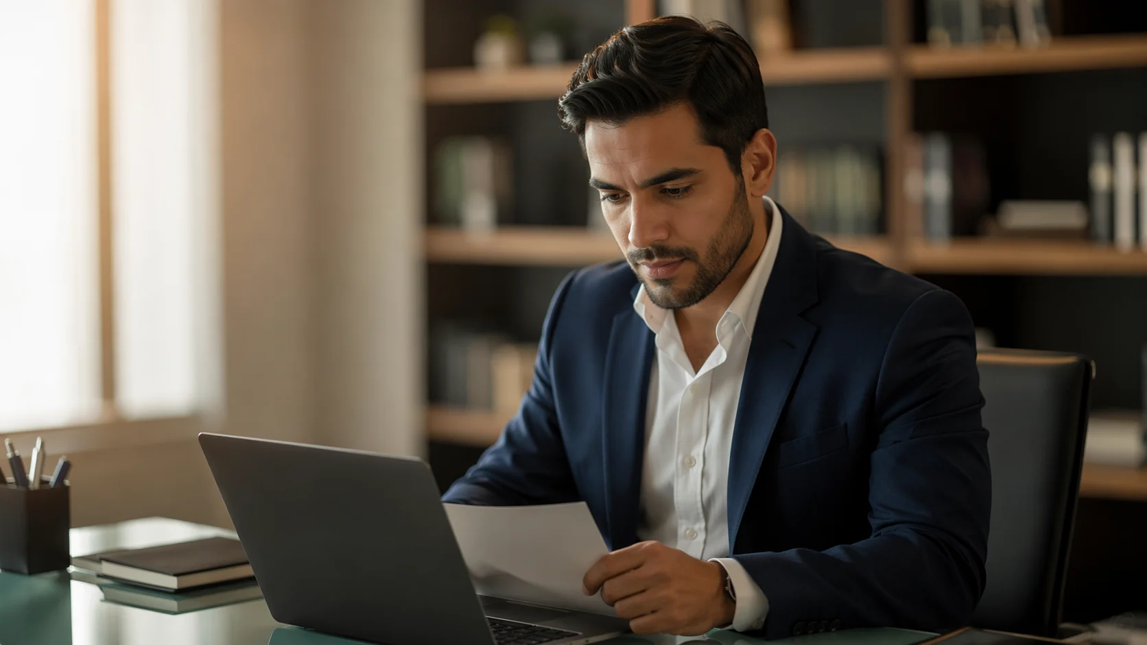 South Asian male sales professional reviewing a partner agreement on a laptop at a modern desk