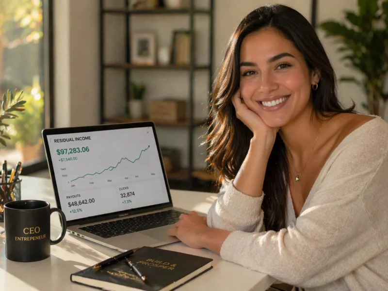 Latina female entrepreneur sitting at a minimalist desk in a bright home office, smiling at a residual income dashboard on her laptop