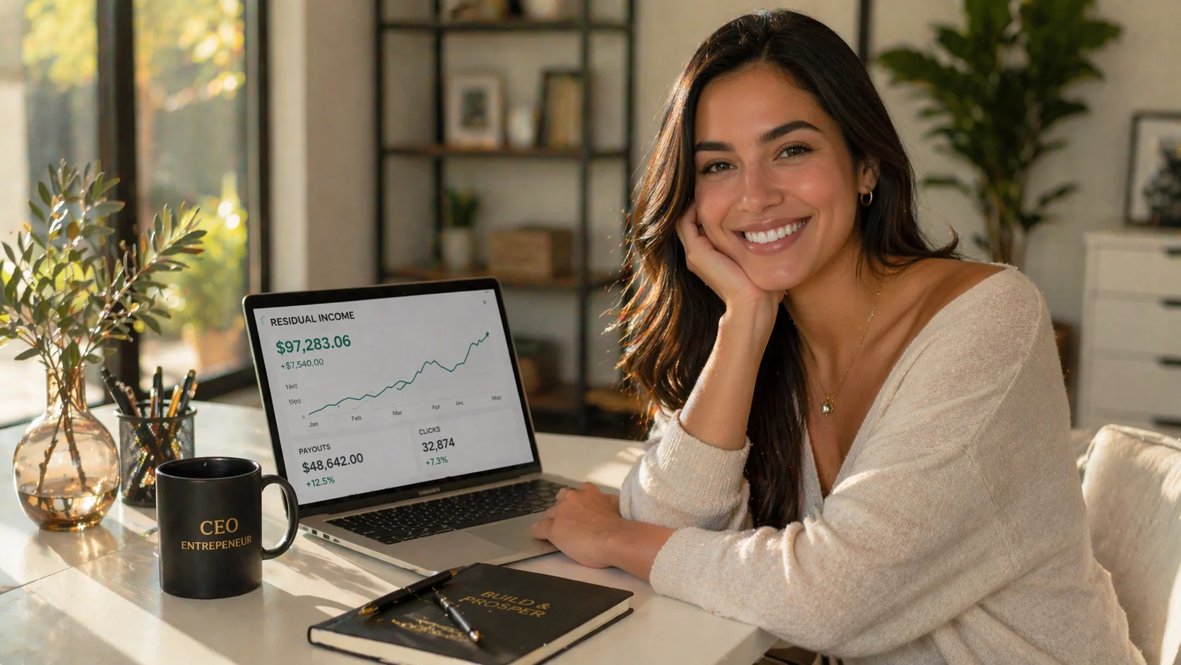 Latina female entrepreneur sitting at a minimalist desk in a bright home office, smiling at a residual income dashboard on her laptop