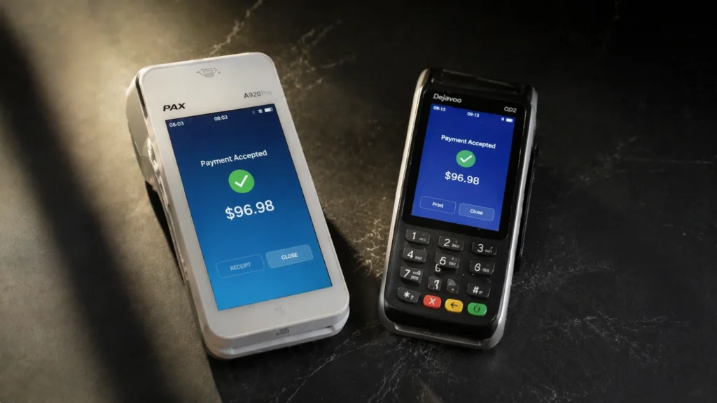 PAX A920 Pro and Dejavoo QD2 payment terminals side by side on a dark marble surface with directional studio lighting