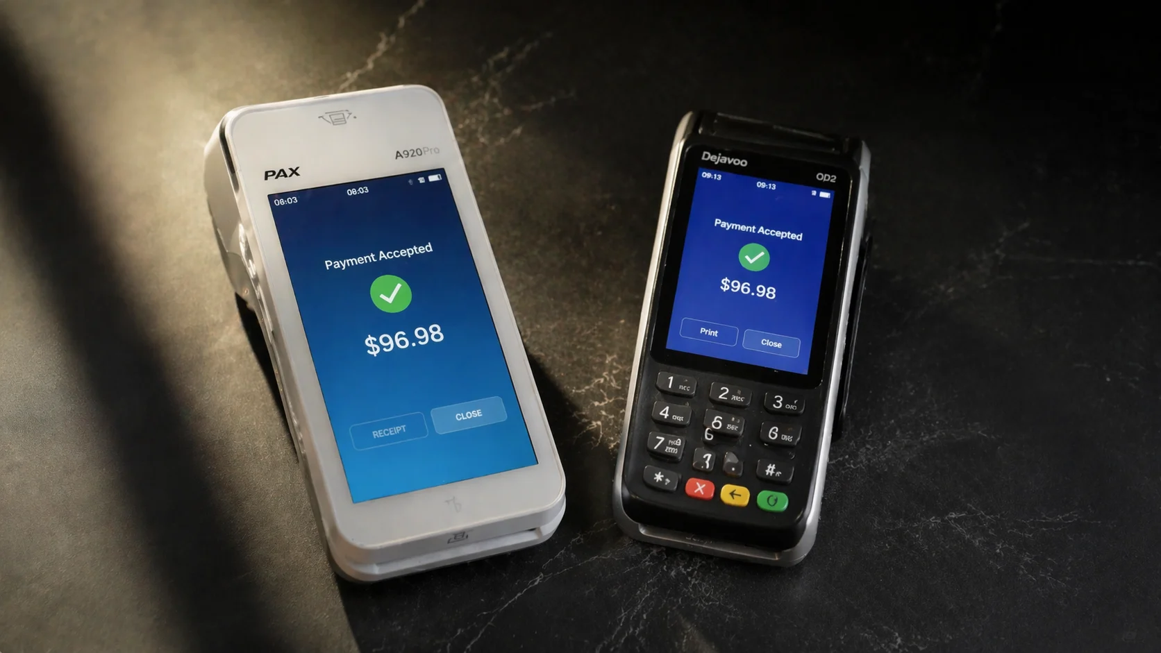 PAX A920 Pro and Dejavoo QD2 payment terminals side by side on a dark marble surface with directional studio lighting